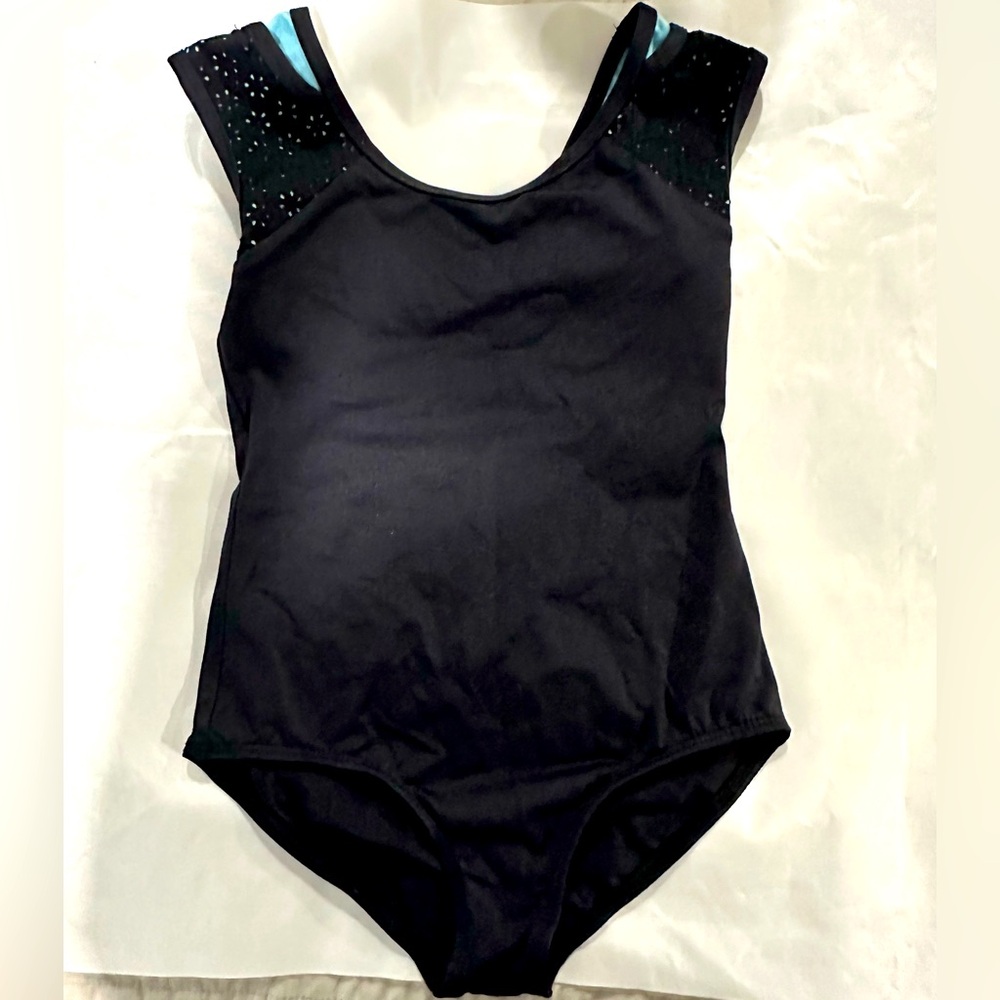 LULLI Girls black leotard with cap sleeves and blue accents 10